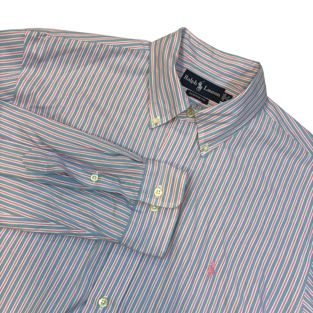 Ralph Lauren Striped Shirt Pink Blue Custom Fit Button Down‎ Preppy 17 34/35 XL